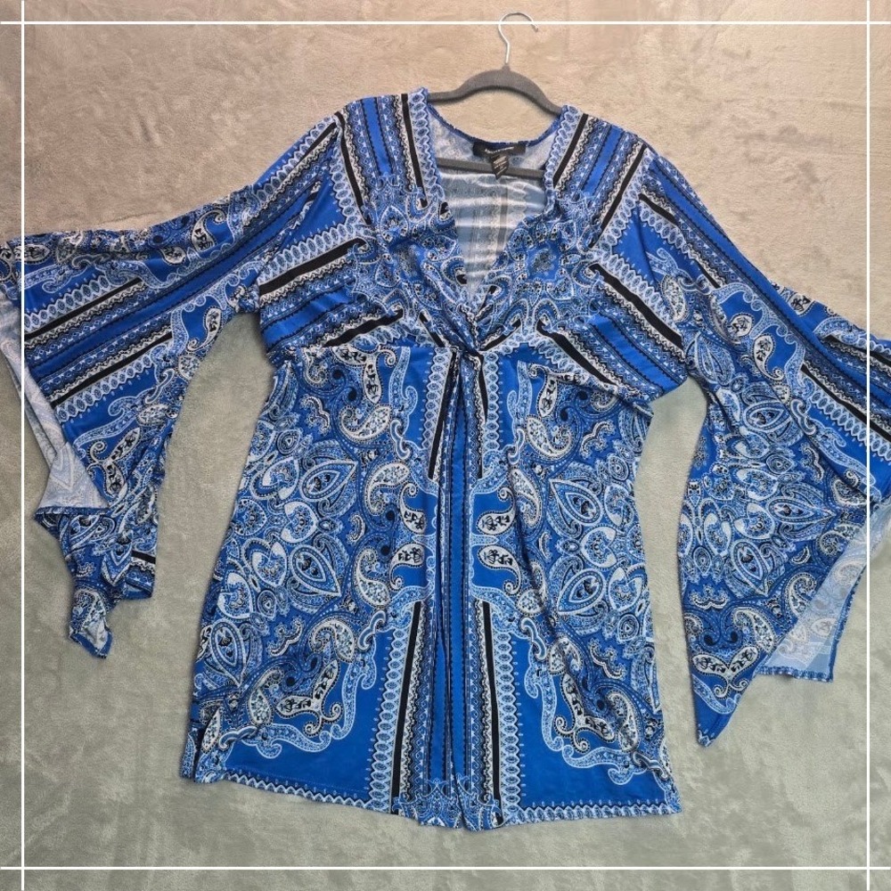 Ashley Stewart Blue Paisley Kimono Sleeve Tunic Top Plus Size 26 V-Neck Boho